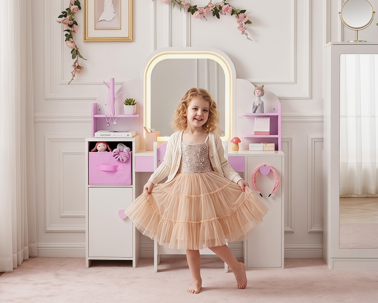Happy girl with white and pink 3 in 1 vanity set with LED mirror – Labebe kids vanity table with storage cabinet